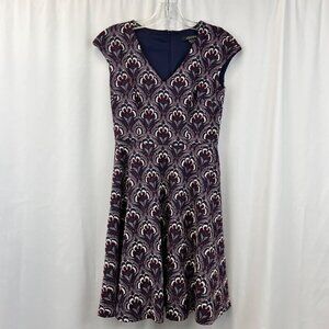 Adorne Womens V-Neck Fit Flare Dress Cap Sleeve Multicolor Print Lined Sz 0
